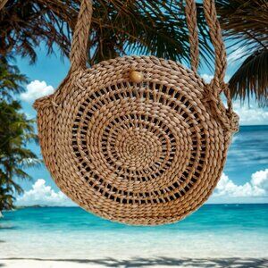 Rhythm Round Straw Bag Woven Rattan Shoulder Bag Boho Coastal Chic